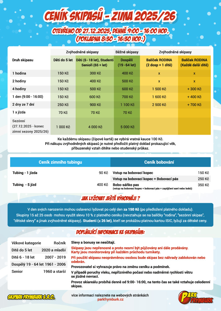 Ceník Park Frymburk Zima 2025-26